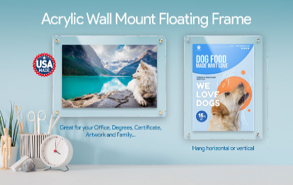 Acrylic wall mount floating frame displaying a dog and nature scene with a 'USA Made' label.